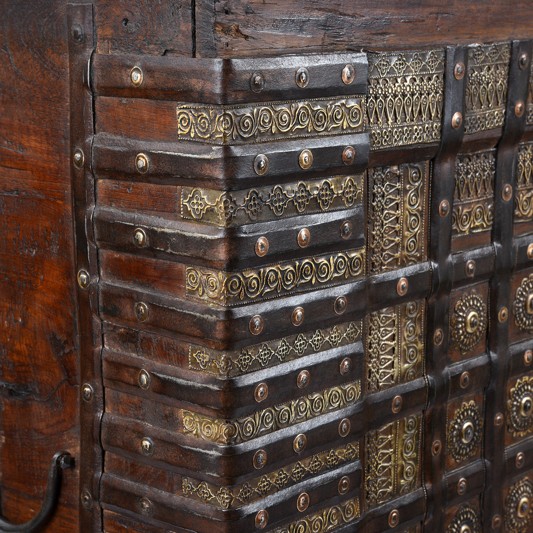 Corner Detail From Antique Brass Bound Pithara Console Chest From Saurashtra | Indigo Antiques