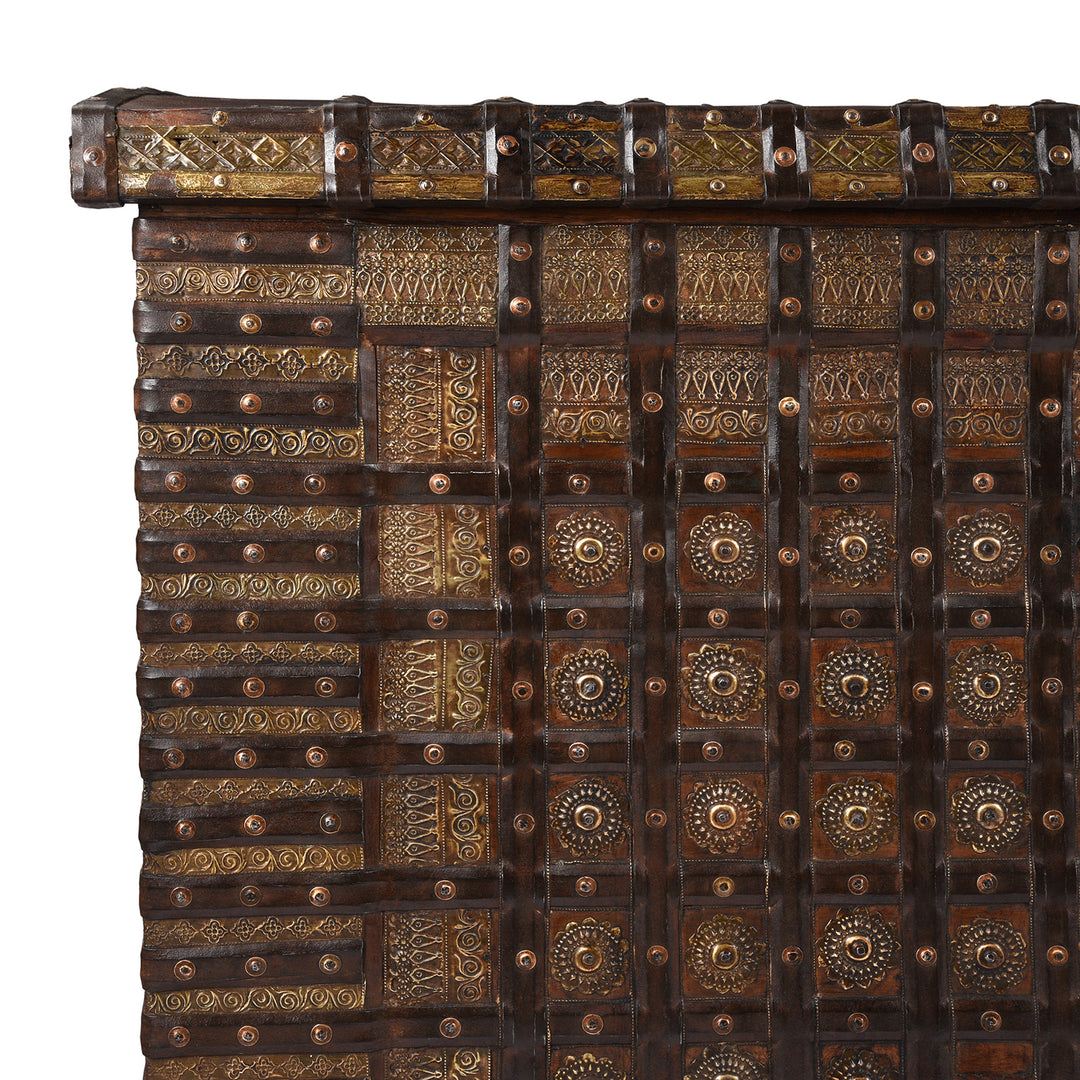 Corner Detail From Antique Brass Bound Pithara Console Chest From Saurashtra | Indigo Antiques