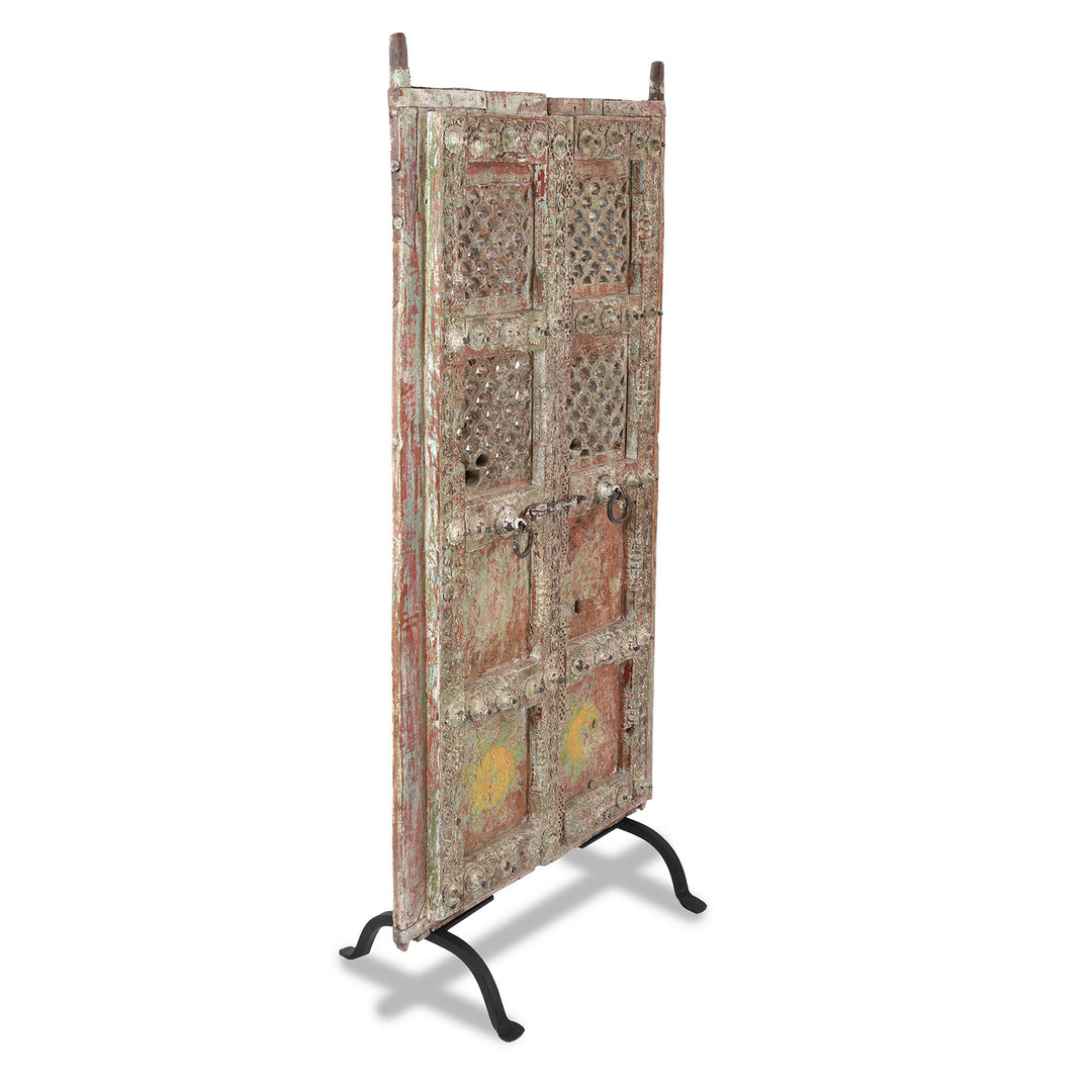 Angled View Of Antique Indian Painted Doors | Indigo Antiques