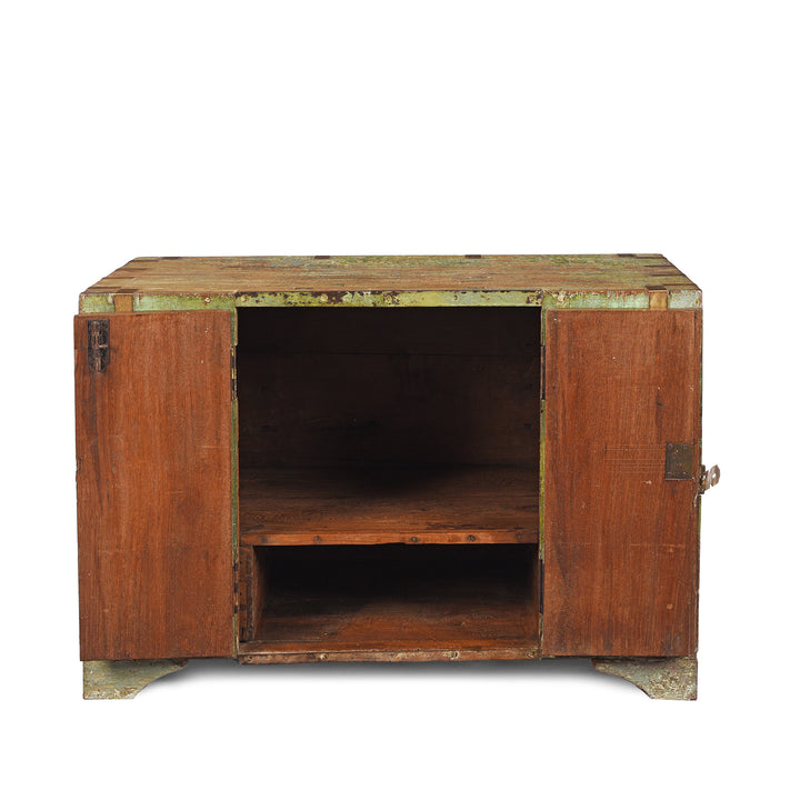 Interior Of Antique Front Opening Indian Green Painted Teak Military Chest | Indigo Antiques
