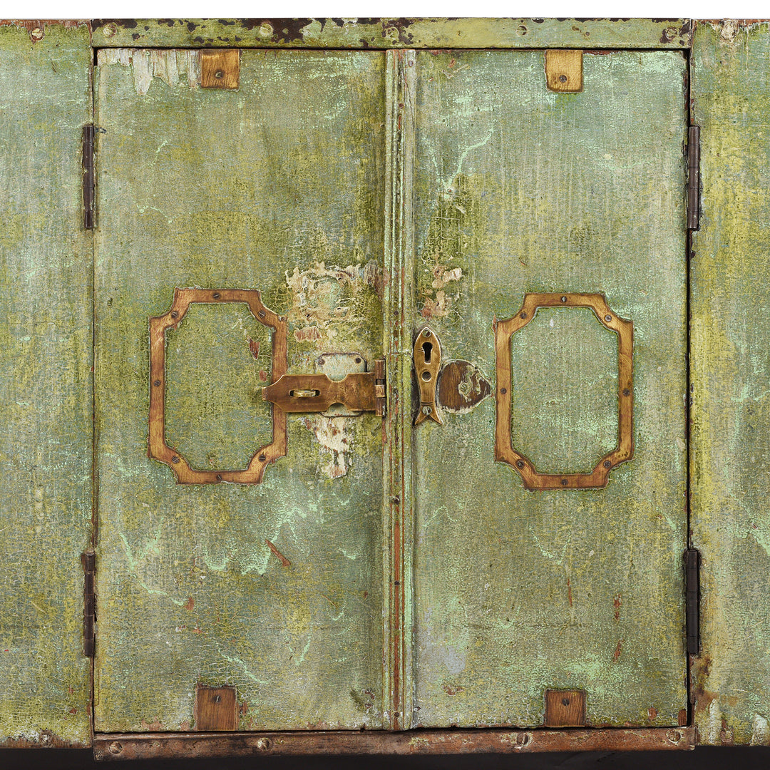Doors Detail From Antique Front Opening Indian Green Painted Teak Military Chest | Indigo Antiques