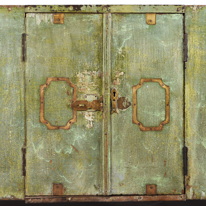 Doors Detail From Antique Front Opening Indian Green Painted Teak Military Chest | Indigo Antiques
