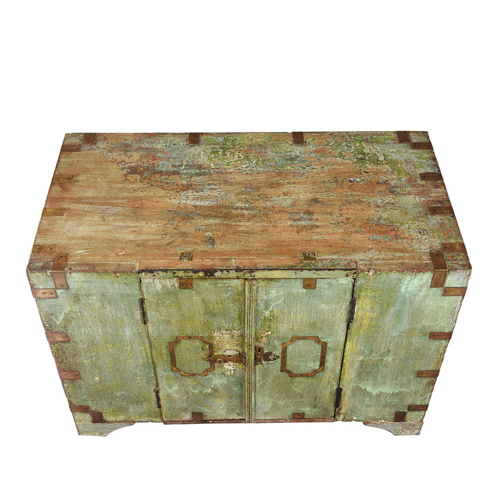 Top Down View Of Antique Front Opening Indian Green Painted Teak Military Chest | Indigo Antiques