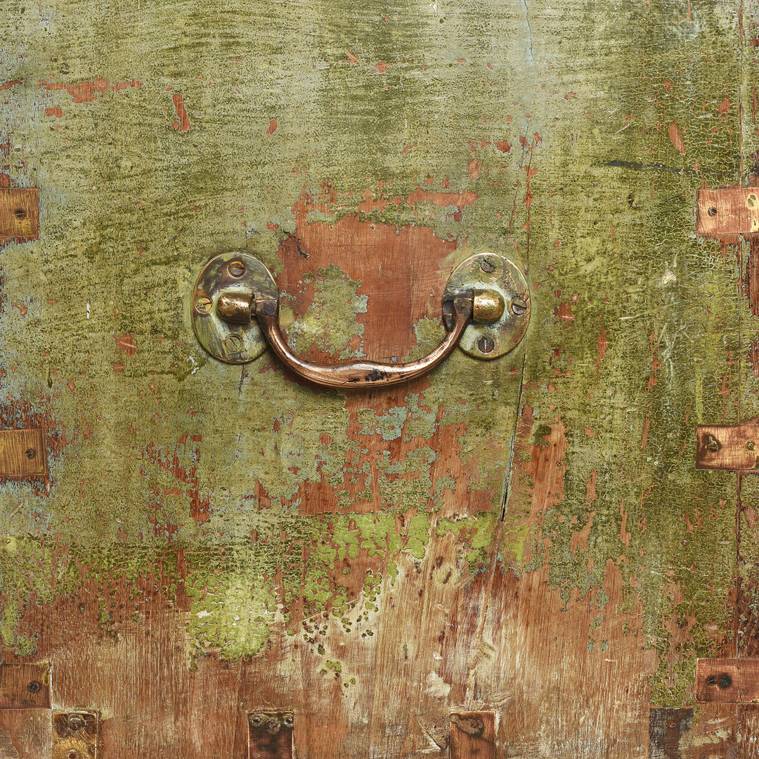 Handle Detail From Antique Front Opening Indian Green Painted Teak Military Chest | Indigo Antiques