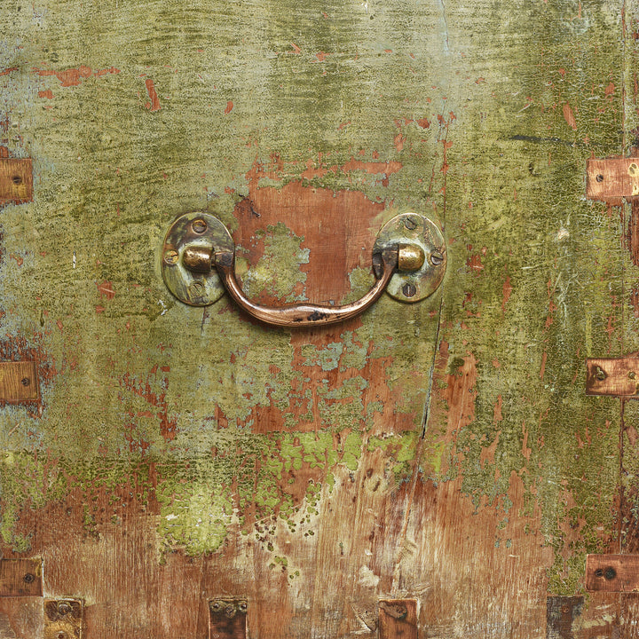 Handle Detail From Antique Front Opening Indian Green Painted Teak Military Chest | Indigo Antiques