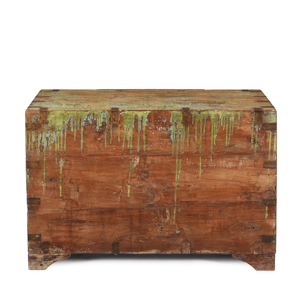 Back Of Antique Front Opening Indian Green Painted Teak Military Chest | Indigo Antiques