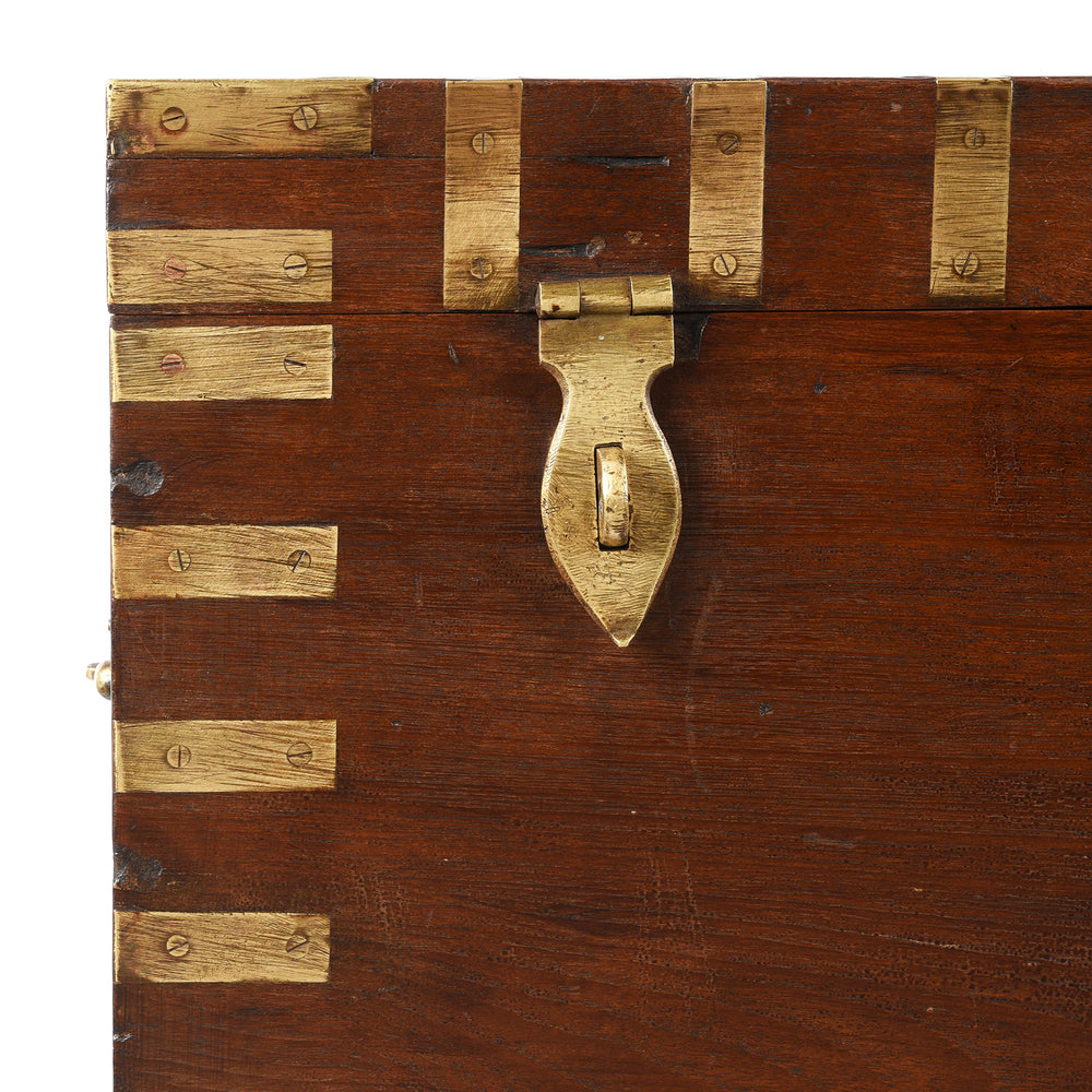 Corner Detail From Antique Brass Bound Teak Military Chest | Indigo Antiques