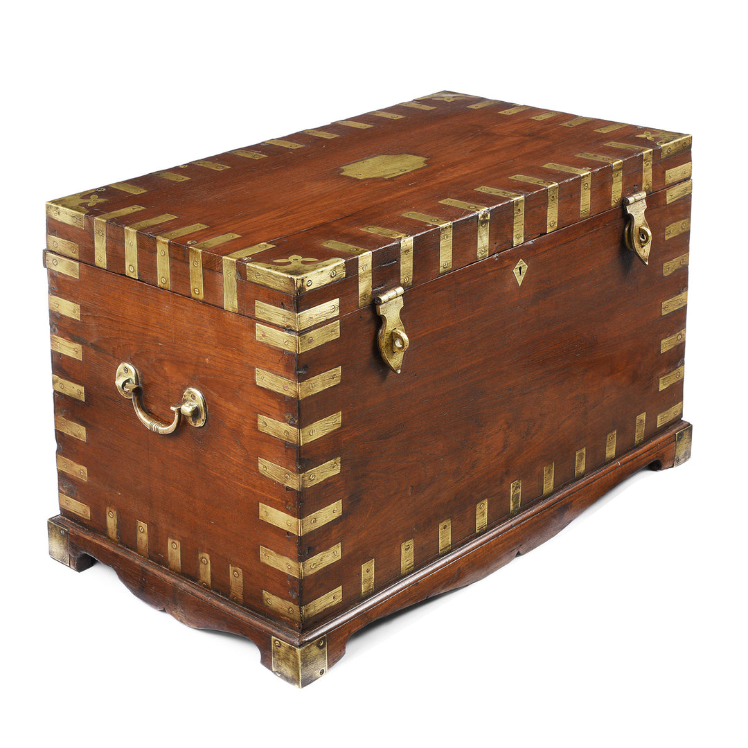 Angled View Of Antique Brass Bound Teak Military Chest | Indigo Antiques