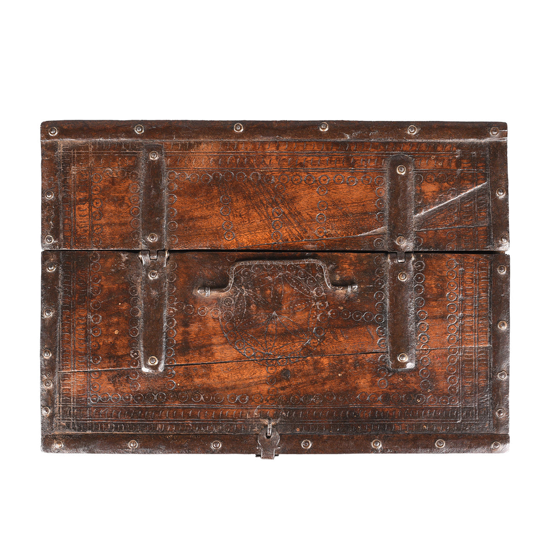 Top Down View Of Antique Chip Carved Roheda Merchants Box From Bikaner | Indigo Antiques