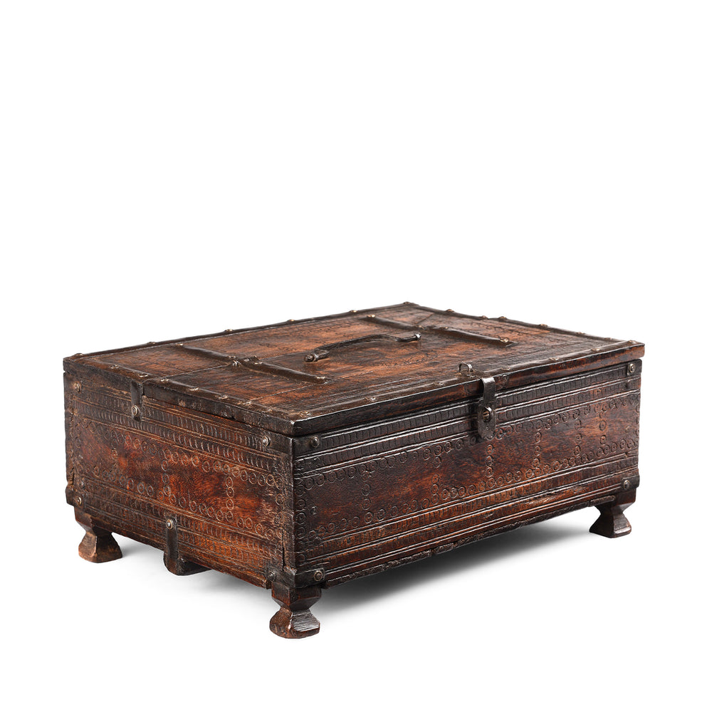 Angled View Of Antique Chip Carved Roheda Merchants Box From Bikaner | Indigo Antiques