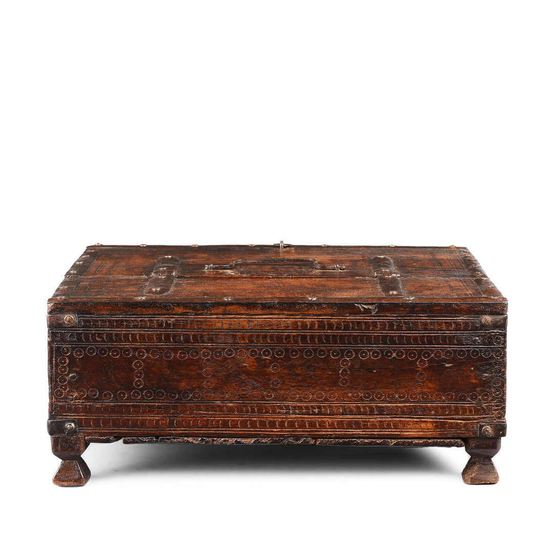 Back of Antique Chip Carved Roheda Merchants Box From Bikaner | Indigo Antiques