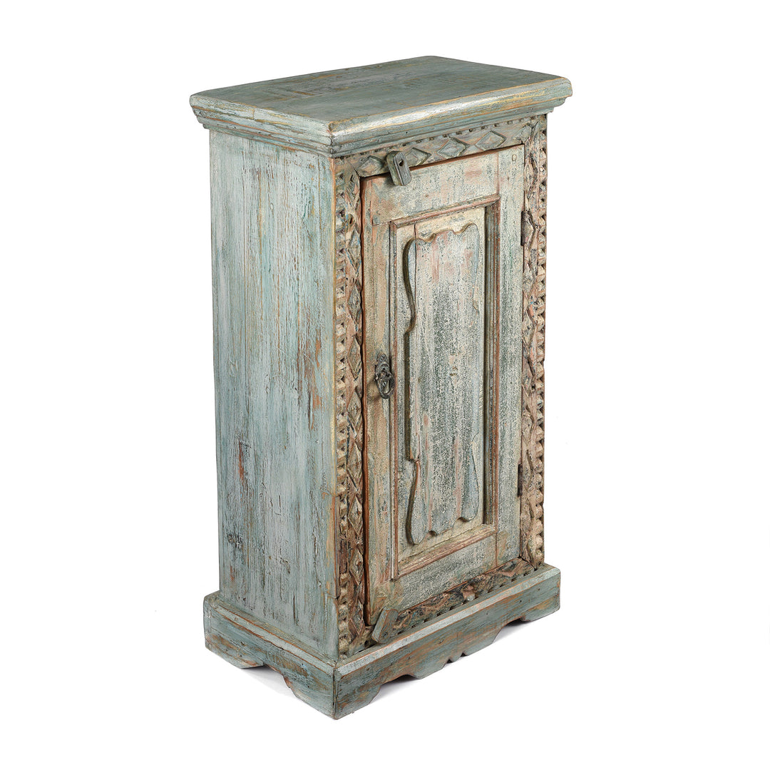 Angled View Of Bedside Cabinet Made From Reclaimed Carved Teak | Indigo Antiques