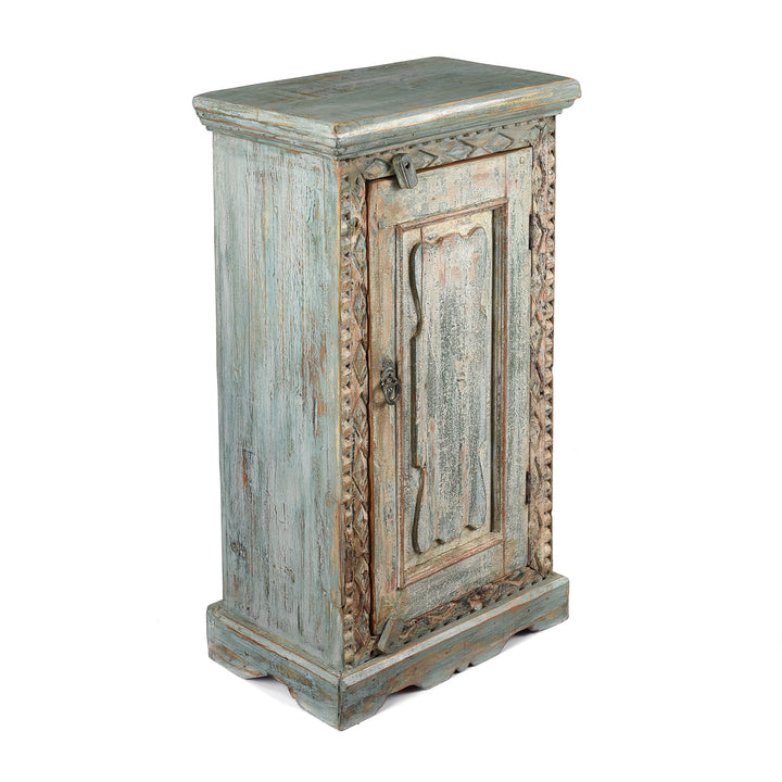 Angled View Of Bedside Cabinet Made From Reclaimed Carved Teak | Indigo Antiques