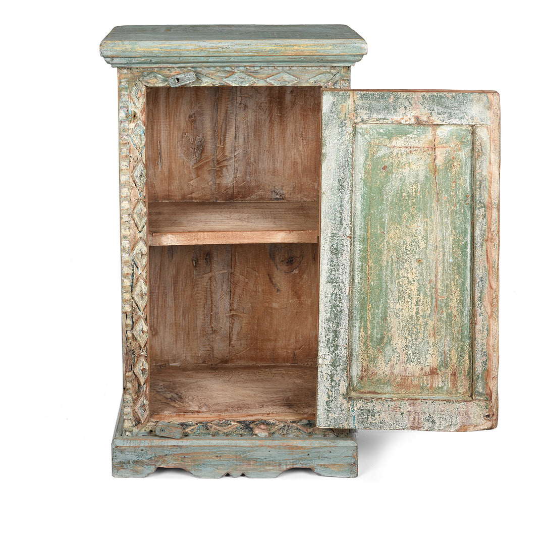 Open View Of Bedside Cabinet Made From Reclaimed Carved Teak | Indigo Antiques
