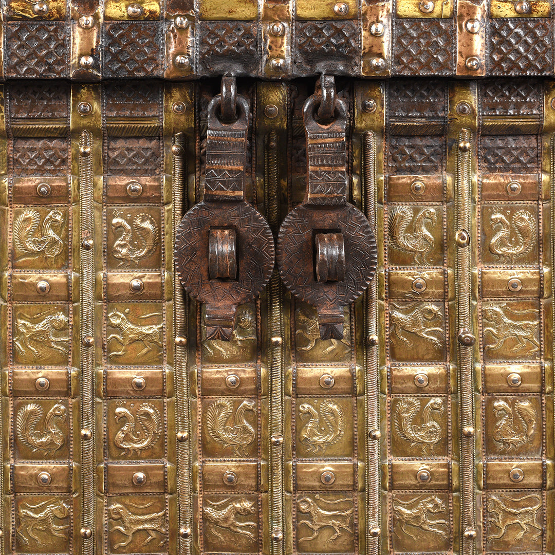 Latch Detail From Antique Brass Bound 'Pithara' Console Chest From Gujarat | Indigo Antiques