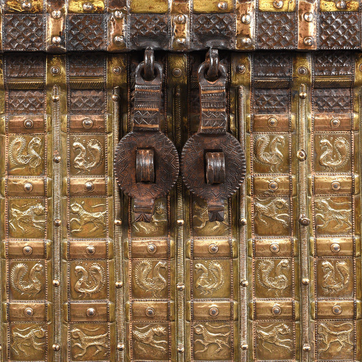 Latch Detail From Antique Brass Bound 'Pithara' Console Chest From Gujarat | Indigo Antiques