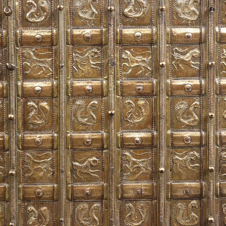 Carving Detail From Antique Brass Bound 'Pithara' Console Chest From Gujarat | Indigo Antiques
