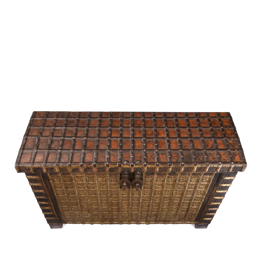 Top Down View Of Antique Brass Bound 'Pithara' Console Chest From Gujarat | Indigo Antiques