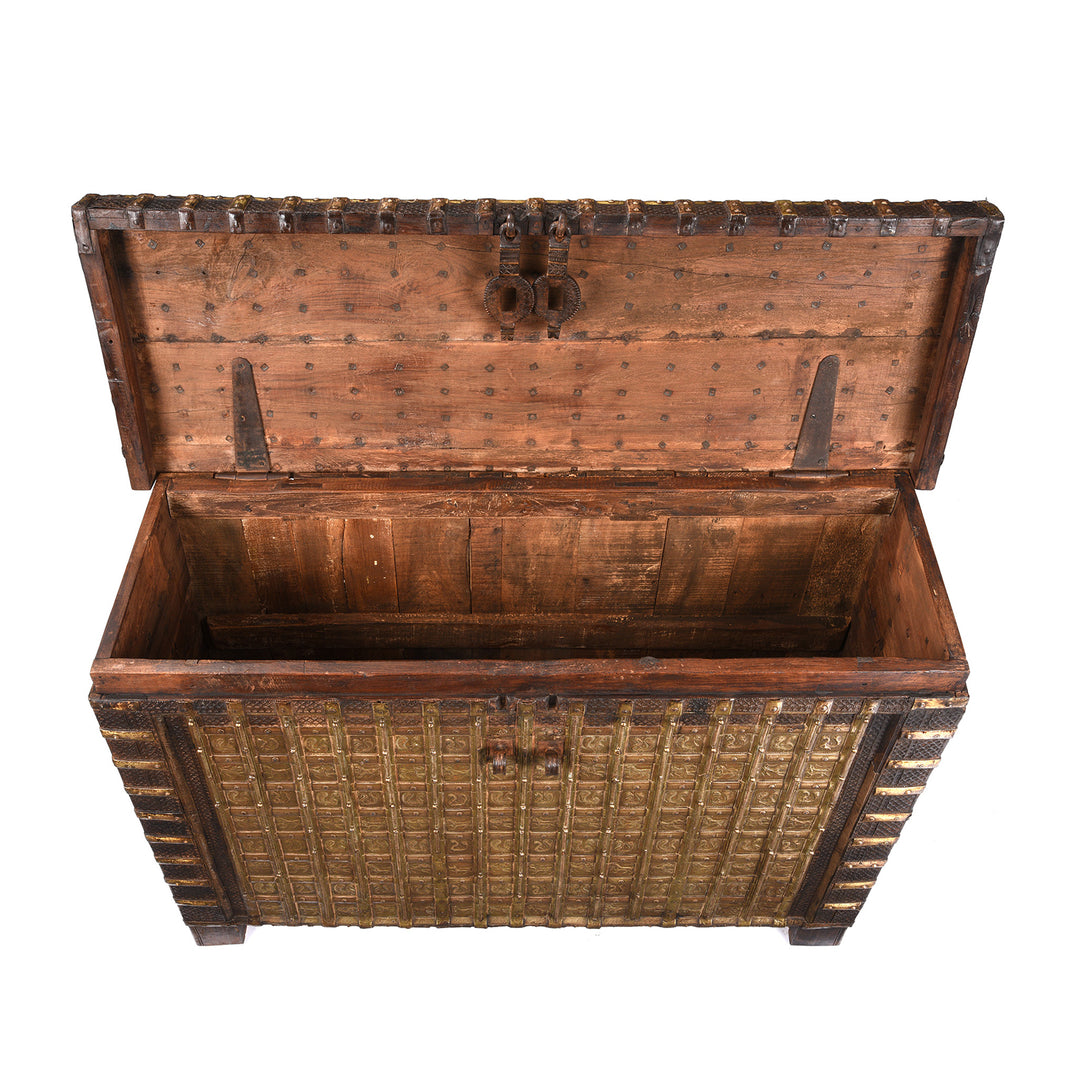 Open Lid View Of Antique Brass Bound 'Pithara' Console Chest From Gujarat | Indigo Antiques
