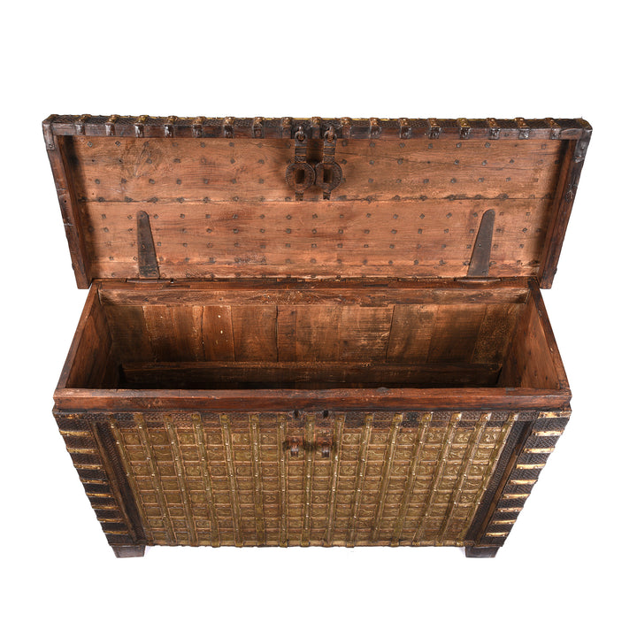 Open Lid View Of Antique Brass Bound 'Pithara' Console Chest From Gujarat | Indigo Antiques