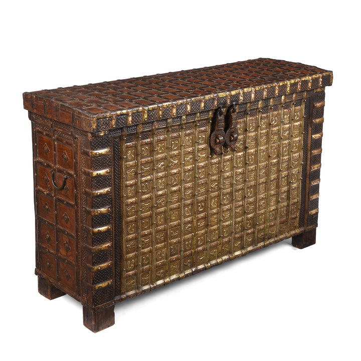 Angled View Of Antique Brass Bound 'Pithara' Console Chest From Gujarat | Indigo Antiques