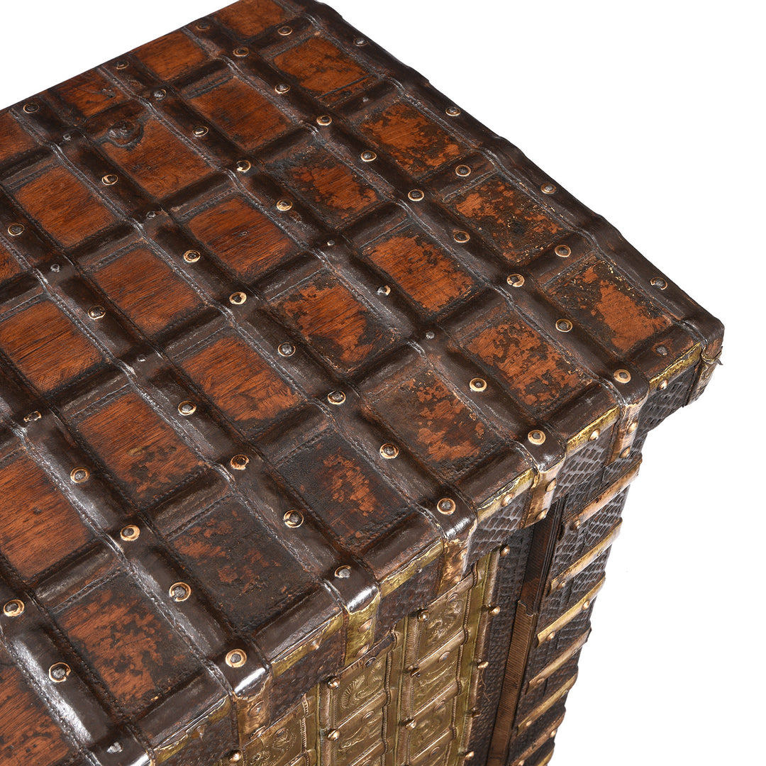 Top Detail From Antique Brass Bound 'Pithara' Console Chest From Gujarat | Indigo Antiques