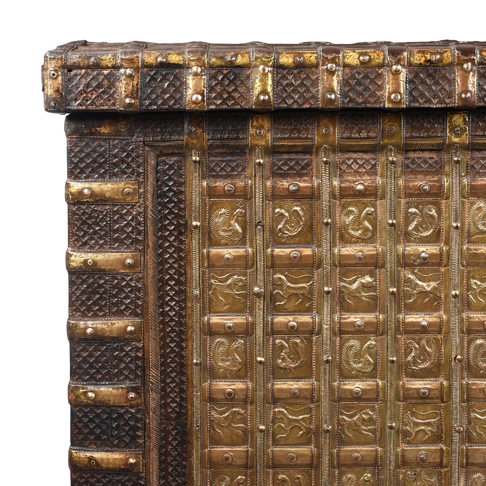 Corner Detail From Antique Brass Bound 'Pithara' Console Chest From Gujarat | Indigo Antiques
