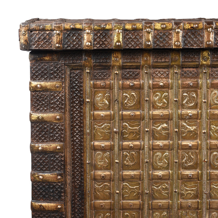 Corner Detail From Antique Brass Bound 'Pithara' Console Chest From Gujarat | Indigo Antiques