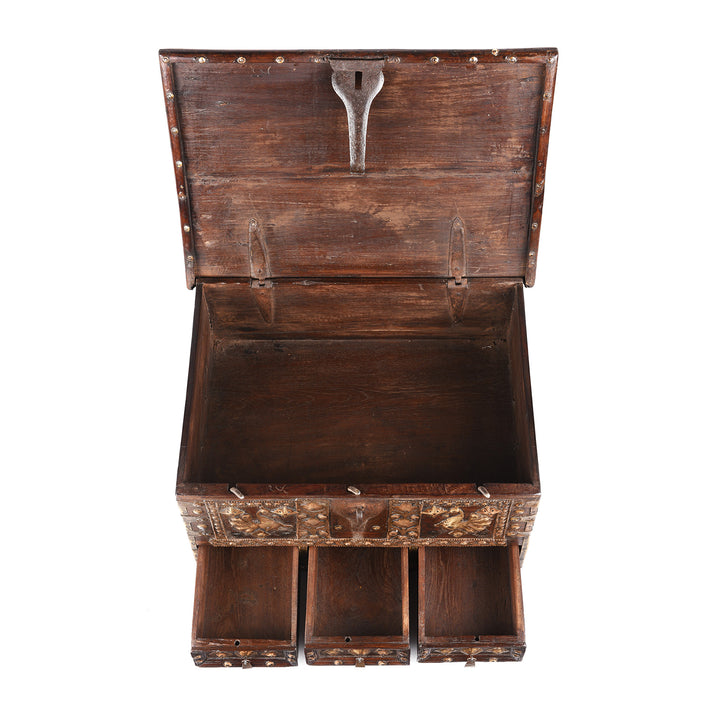 Interior Of Antique Brass Studded Rosewood Peacock Box From Saurashtra | Indigo Antiques