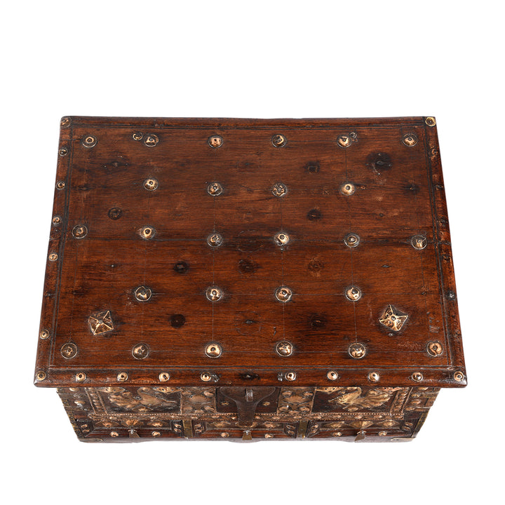 Top Down View Of Antique Brass Studded Rosewood Peacock Box From Saurashtra | Indigo Antiques