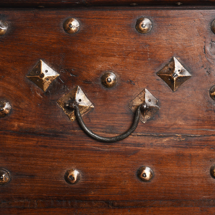 Handle Detail From Antique Brass Studded Rosewood Peacock Box From Saurashtra | Indigo Antiques