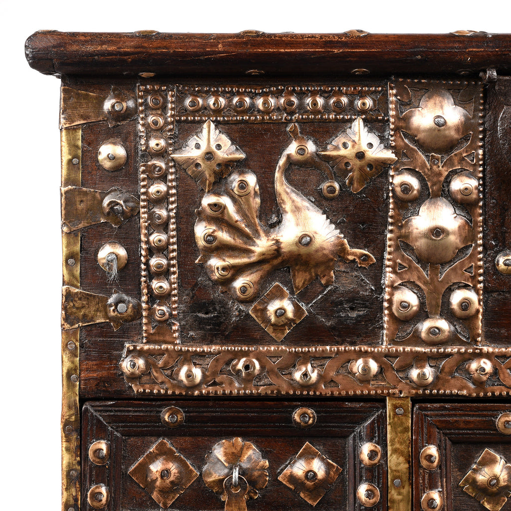 Brass Studded Rosewood Peacock Box From Saurashtra - 19th Century