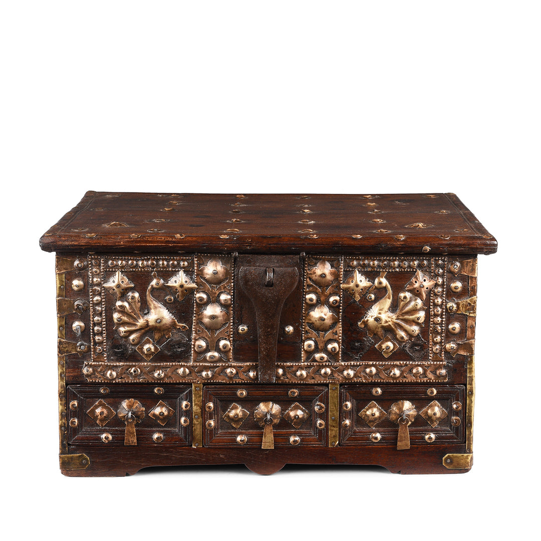 Antique Brass Studded Rosewood Peacock Box From Saurashtra | Indigo Antiques