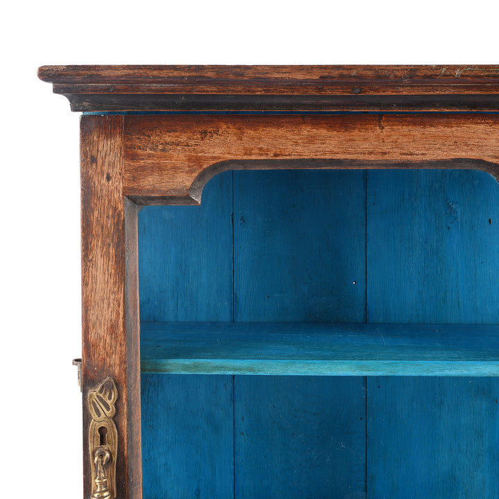 Corner Detail From Antique Glazed Teak Wall Cabinet With Blue Interior From Gujarat - Ca 1930 | Indigo Antiques