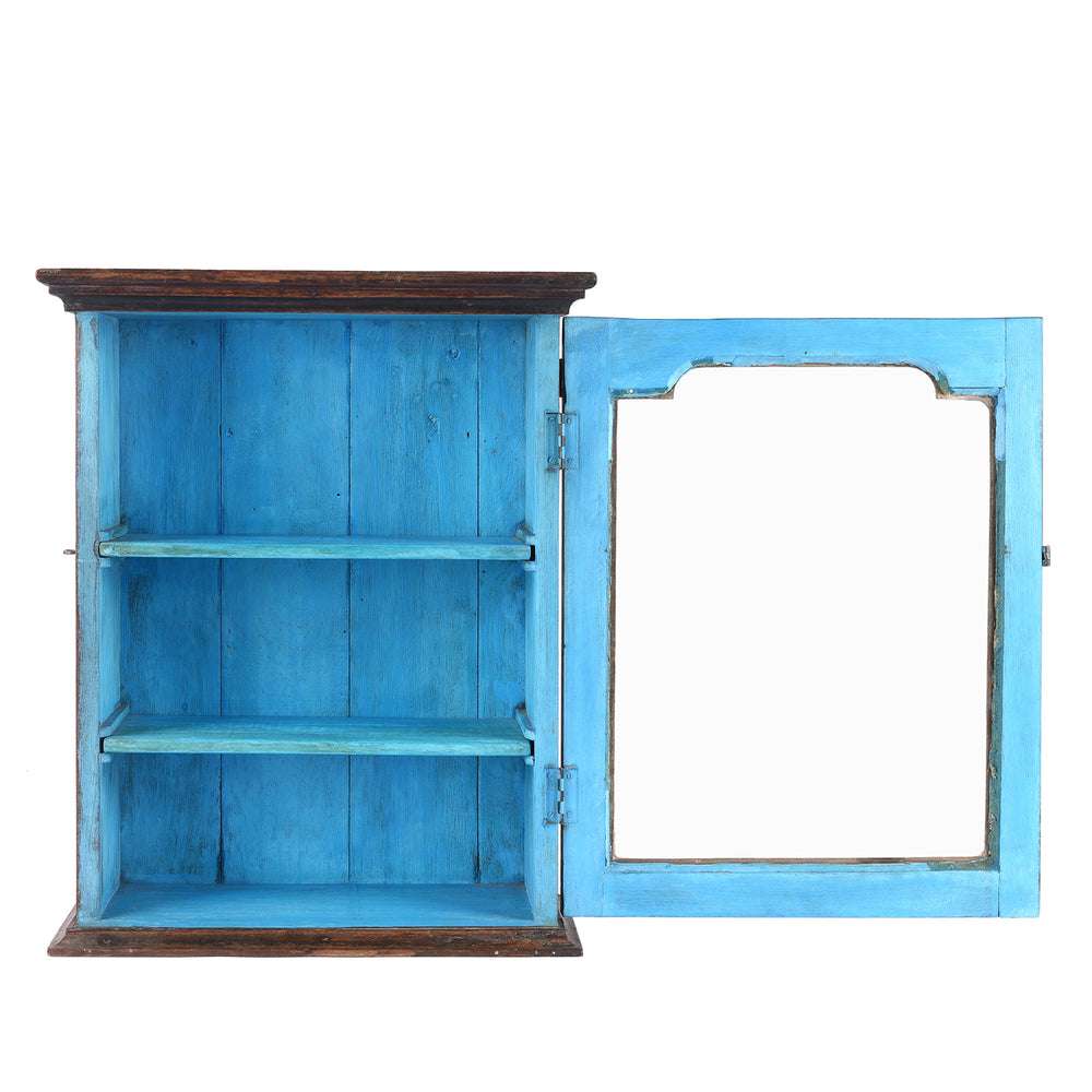 Open Doors View Of Antique Glazed Teak Wall Cabinet With Blue Interior From Gujarat - Ca 1930 | Indigo Antiques