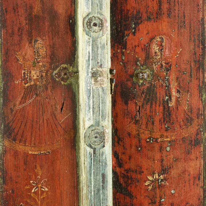Painted Figures Detail From Antique Indian Painted Window Shutter From Bikaner | Indigo Antiques