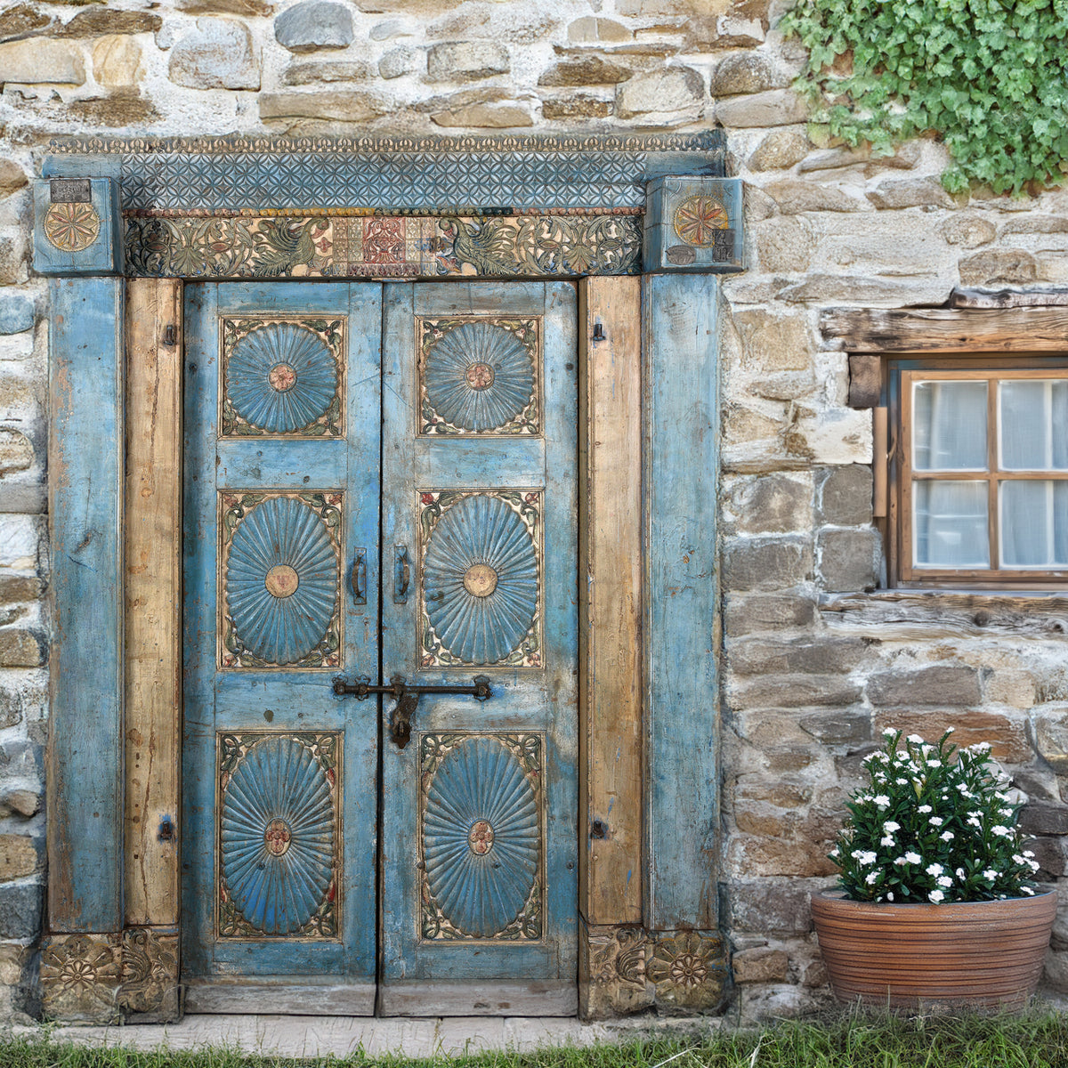 Antique Blue Painted Sunburst Door & Frame From Kutch | INDIGO ANTIQUES