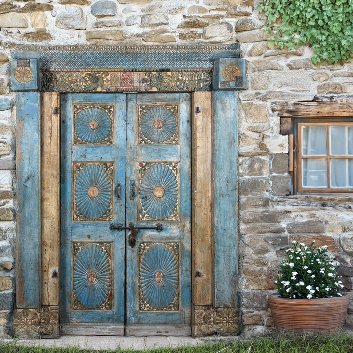 Antique Blue Painted Sunburst Door & Frame From Kutch | INDIGO ANTIQUES