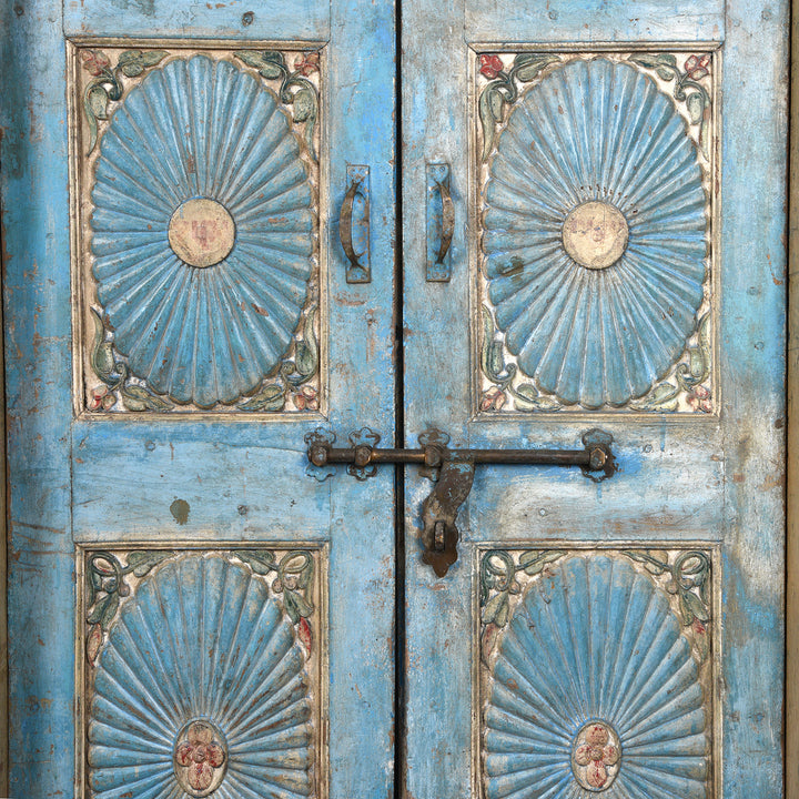 Detail From Antique Blue Painted Sunburst Door & Frame From Kutch | INDIGO ANTIQUES