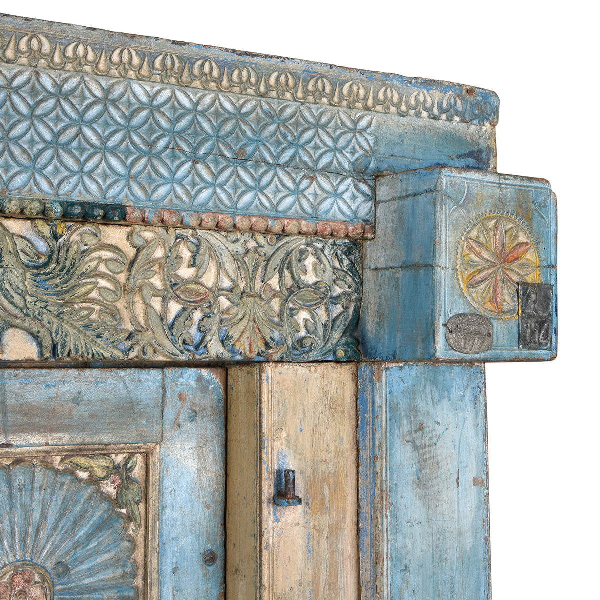 Corbel Detail From Antique Blue Painted Sunburst Door & Frame From Kutch | INDIGO ANTIQUES