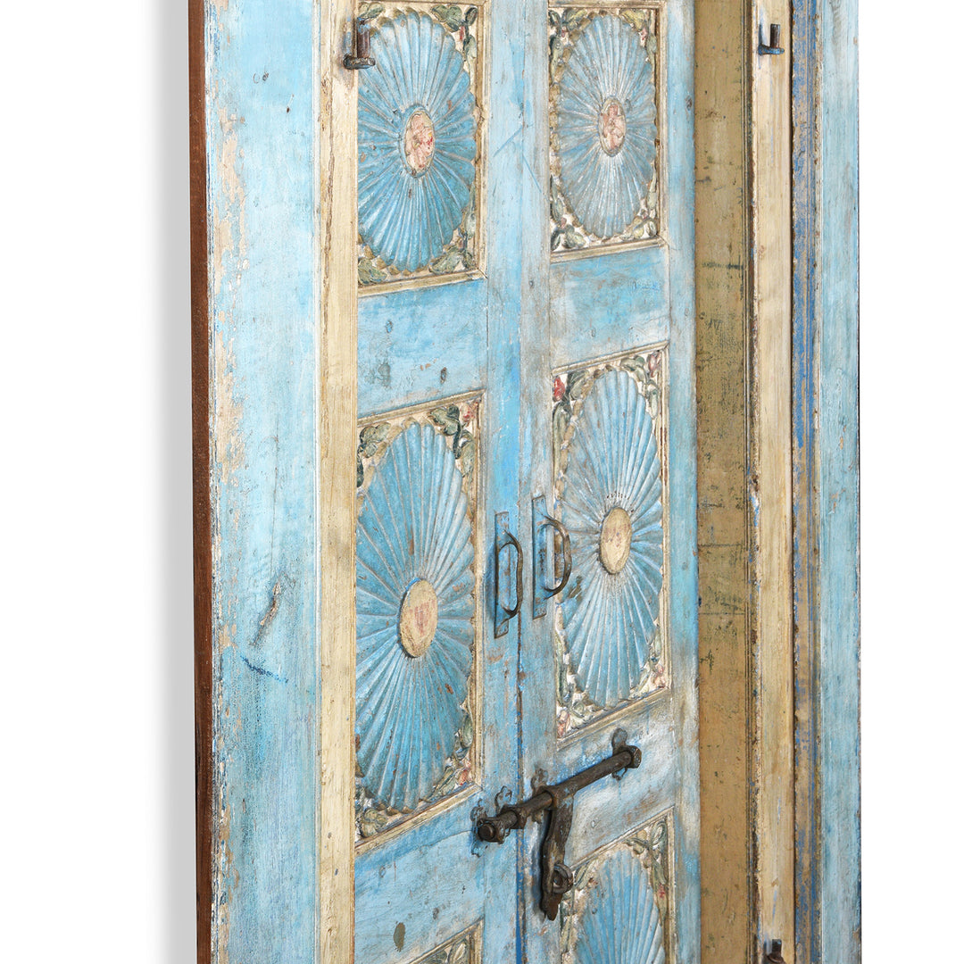 Antique Blue Painted Sunburst Door & Frame From Kutch | INDIGO ANTIQUES