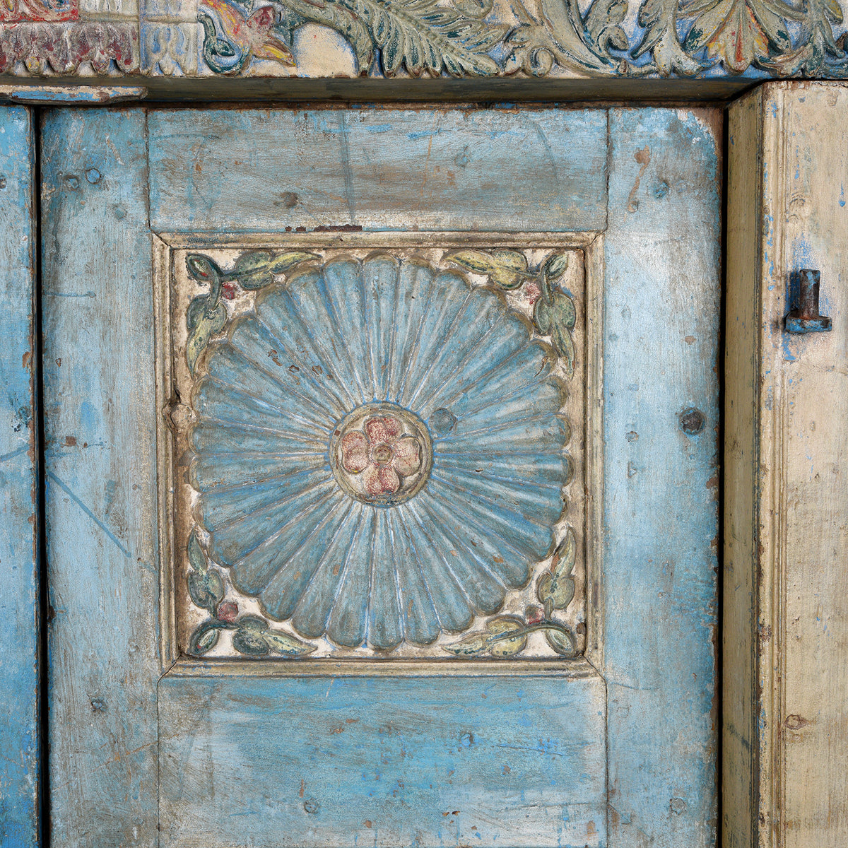 Antique Blue Painted Sunburst Door & Frame From Kutch | INDIGO ANTIQUES