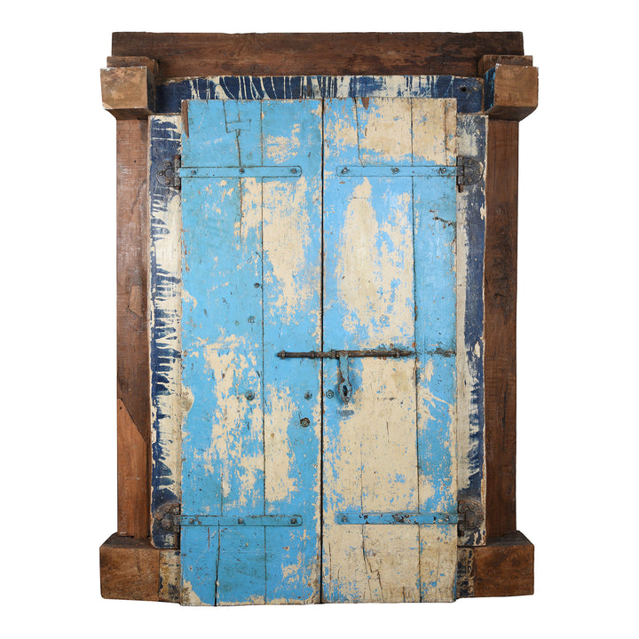Back Of Antique Blue Painted Sunburst Door & Frame From Kutch | INDIGO ANTIQUES