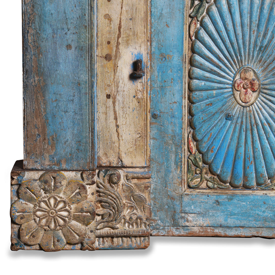 Base Of Antique Blue Painted Sunburst Door & Frame From Kutch | INDIGO ANTIQUES