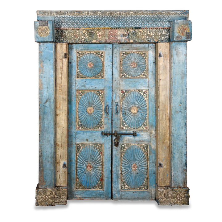 Antique Blue Painted Sunburst Door & Frame From Kutch | INDIGO ANTIQUES