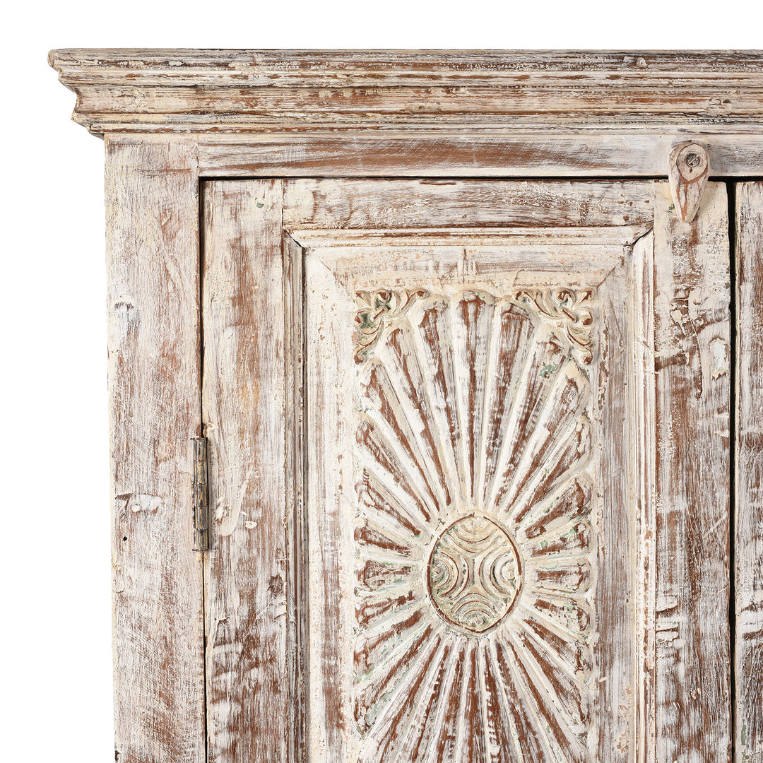 Corner Detail From Reclaimed Limed Teak Almirah Cabinet | Indigo Antiques