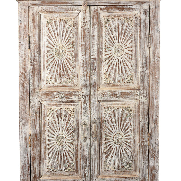 Sunburst Panels Detail From Reclaimed Limed Teak Almirah Cabinet | Indigo Antiques