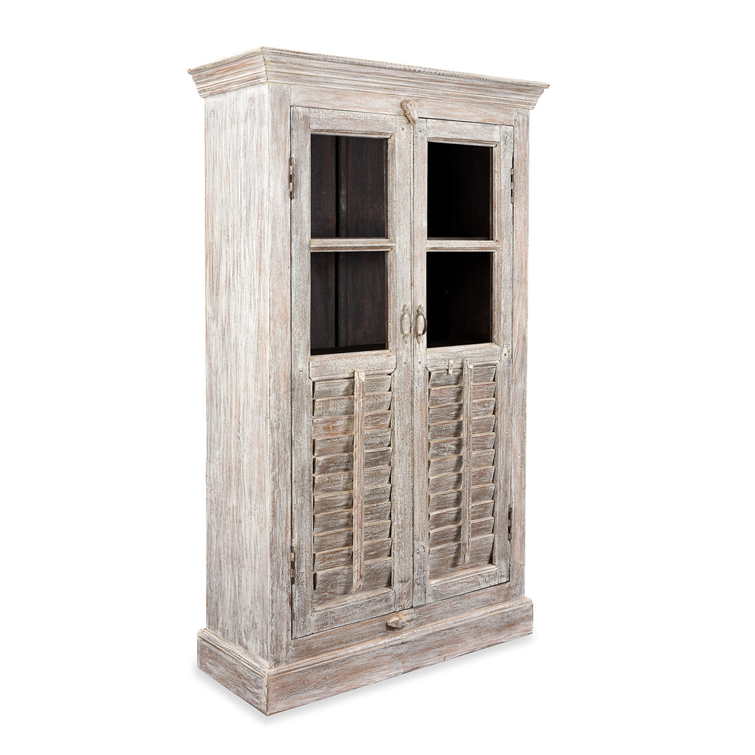 Angled View Of Glazed Louvre Cabinet Made from Reclaimed Teak | Indigo Antiques