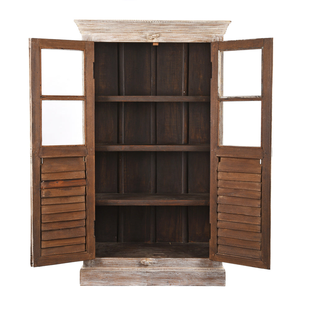 Open View Of Glazed Louvre Cabinet Made from Reclaimed Teak | Indigo Antiques