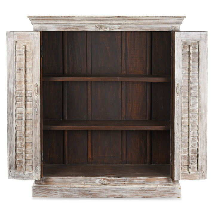 Open Doors VIew Of Painted Louvre Sideboard Made From Reclaimed Teak | Indigo Antiques
